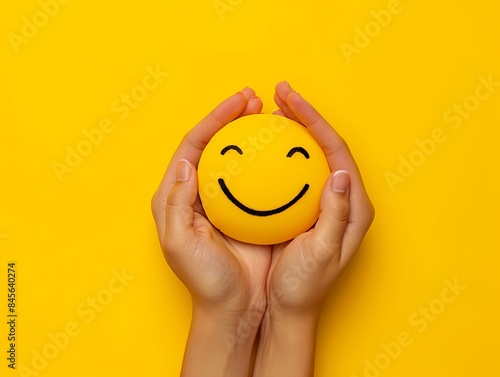 A woman's hands gently holding a happy smiling face emoji against a bright yellow background. Perfect for themes of happiness and well-being.