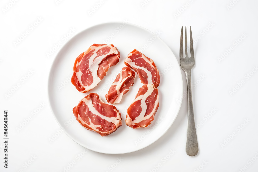 Slices of cured meat on a white plate with a fork Slices of cured meat on a white plate with a fork