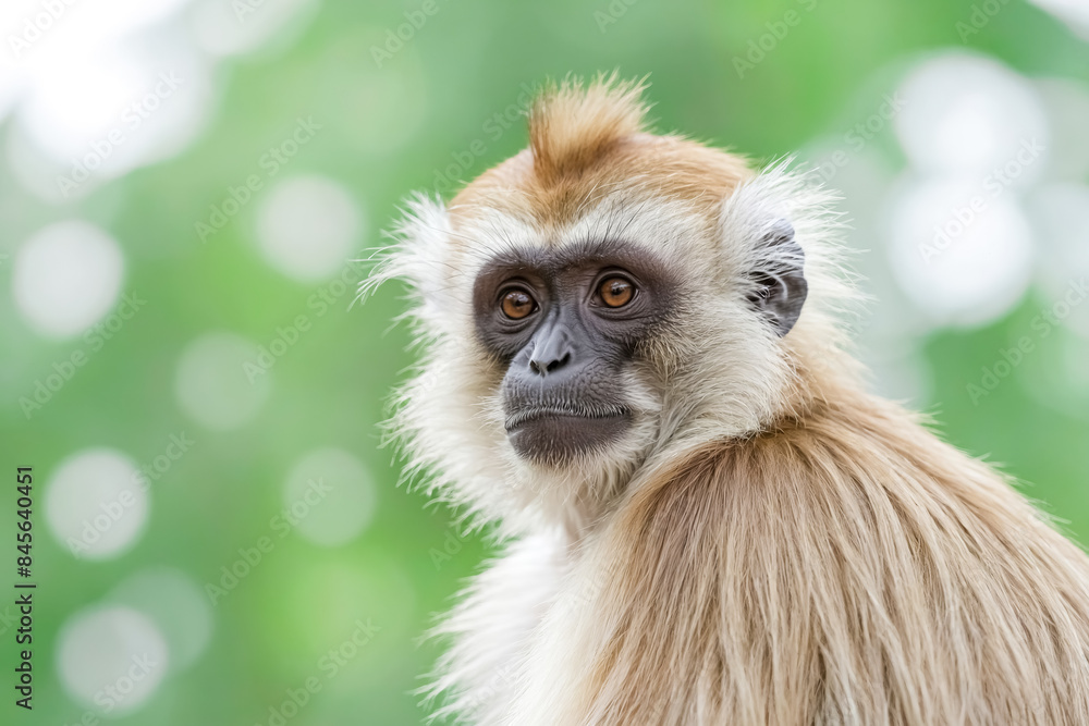 Naklejka premium Close-up portrait of a monkey with a soft, fluffy coat