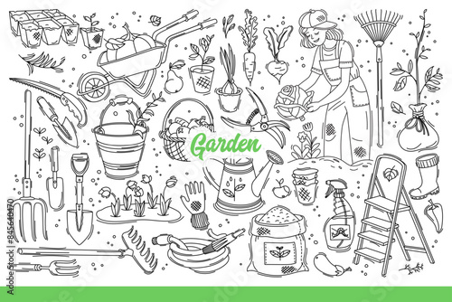 Garden equipment and seeds for planting plants and flowers in your backyard. Tools for farmer who owns vegetable garden and brings in autumn harvest of organic fruits. Hand drawn doodle