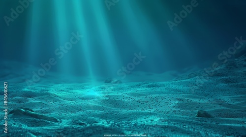 Deep blue underwater vista illuminated by radiant sunbeams. Transparent water reveals a calm, wavy seabed with soft reflections and subtle bubbles, emphasizing the tranquility, aquatic environment.