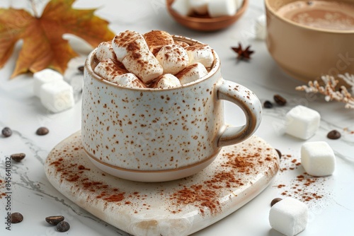 A Cup of Hot Chocolate With Marshmallows and Cinnamon on a Marble Tabletop