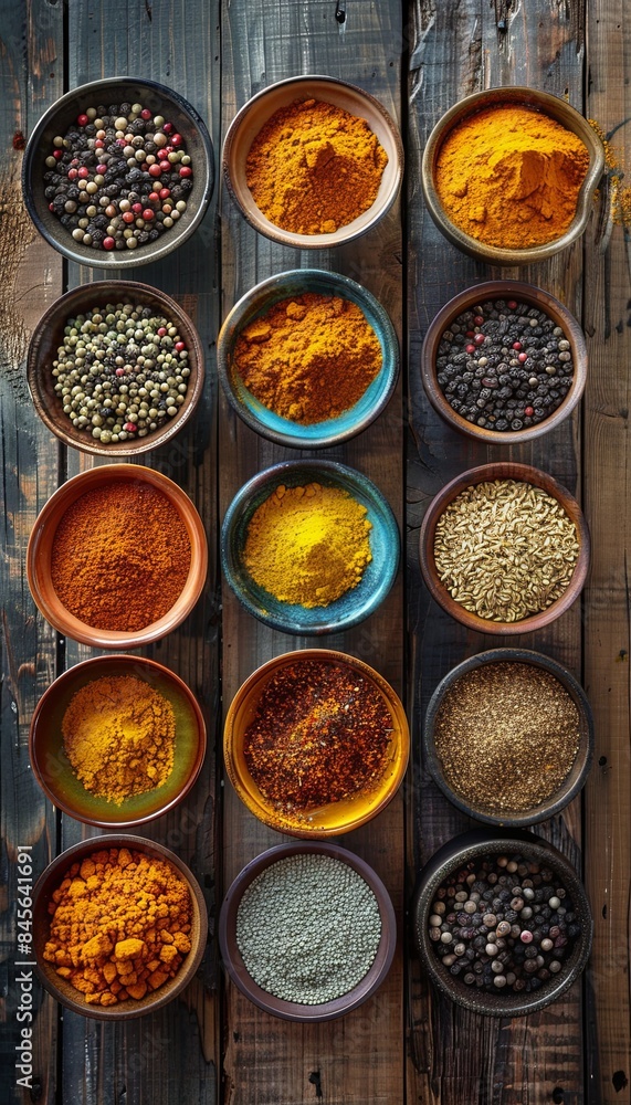 A top-down view of various colorful spices, including turmeric, paprika, cumin, and coriander, arranged in beautiful ceramic bowls on a rustic wooden surface. Generative AI A top-down view of various colorful spices, including turmeric, paprika, cumin, and coriander, arranged in beautiful ceramic bowls on a rustic wooden surface. Generative AI