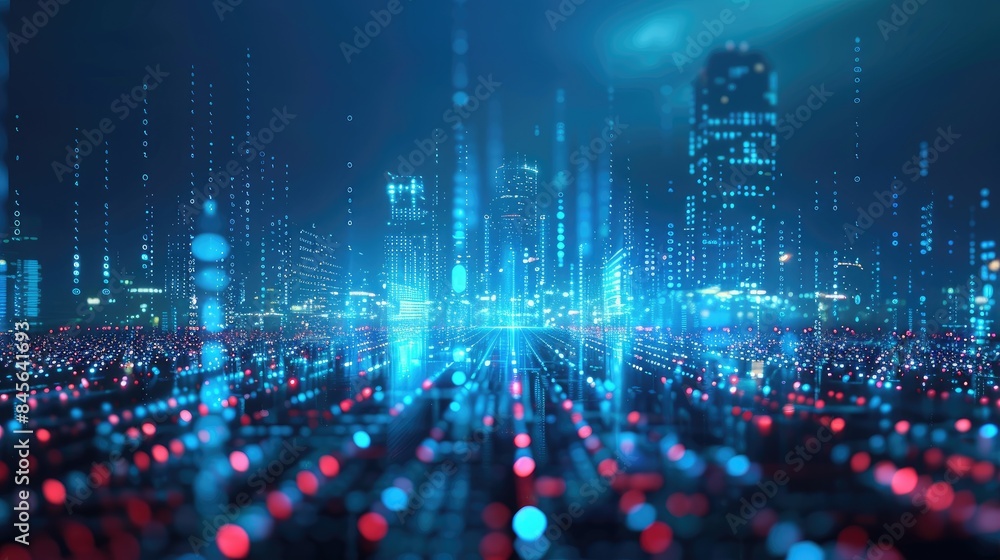 Digital rain falling onto a virtual cityscape, representing the constant flow of data in the digital age Digital rain falling onto a virtual cityscape, representing the constant flow of data in the digital age