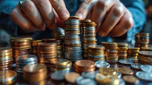 Close Up of Persons Hand Stacking Coins on a Table