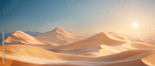Bright, clear desert landscape with sand dunes and a deep blue sky, minimalistic shapes with space for text © Naret