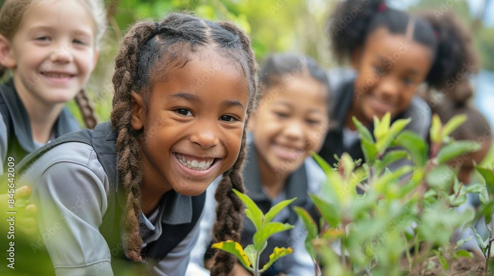 A Diverse Group Of Smiling And Cooperative Uniformed Schoolchildren Immerse Themselves In A Gardening Project, Fostering A Love For The Environment And Promoting Active Ecological Education For A Diverse Group Of Smiling And Cooperative Uniformed Schoolchildren Immerse Themselves In A Gardening Project, Fostering A Love For The Environment And Promoting Active Ecological Education For