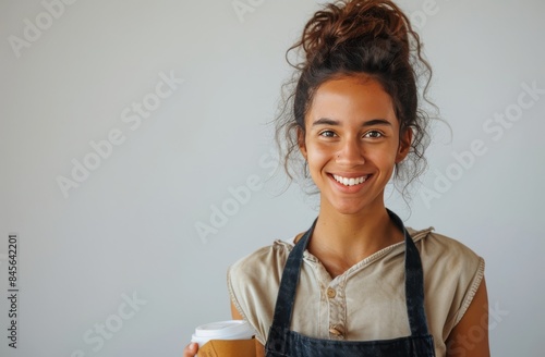 Smiling Woman Holding a Coffee Cup in a White Shirt and Black Apron