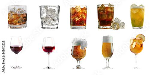 A collection of various alcoholic beverages and bottles with different 10 types, Beer, Whiskey, wine, on transparent background, clipping path
