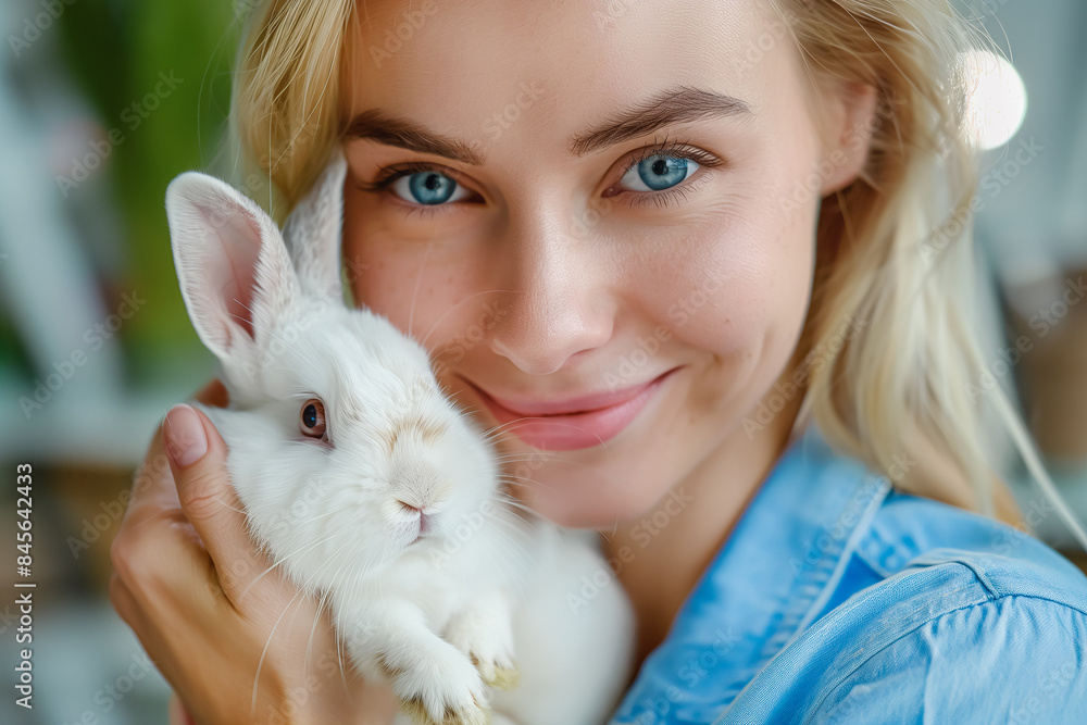 Blond woman holding white rabbit in her hands. Blond woman holding white rabbit in her hands.