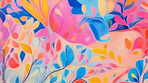 This artwork features a vivid abstract painting of a tree with multicolored leaves and fluid lines, depicting a burst of colors in the background. The composition draws attention to the harmonious photo