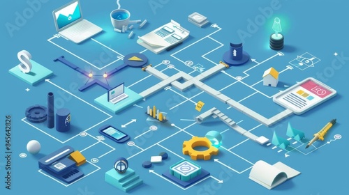 150 Goaloriented 3D cartoon strategic planning flowchart for business growth © Chano_1_na