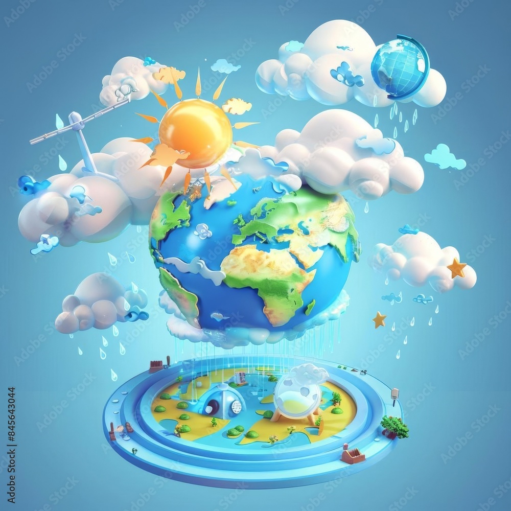 Naklejka premium 314 Dynamic 3D cartoon weather forecast system illustrating atmospheric conditions globally