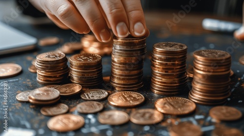 Close Up of Persons Hand Stacking Coins on a Table