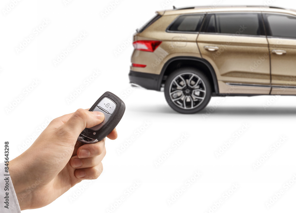 Male hand unlocking a SUV with a remote key Male hand unlocking a SUV with a remote key
