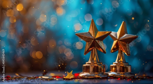 Two Gold Star Trophies on Blue Background With Red Confetti