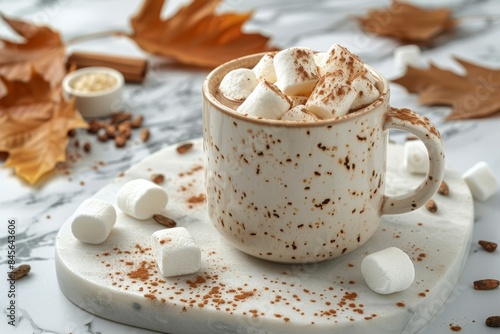 A Cup of Hot Chocolate With Marshmallows and Cinnamon on a Marble Tabletop