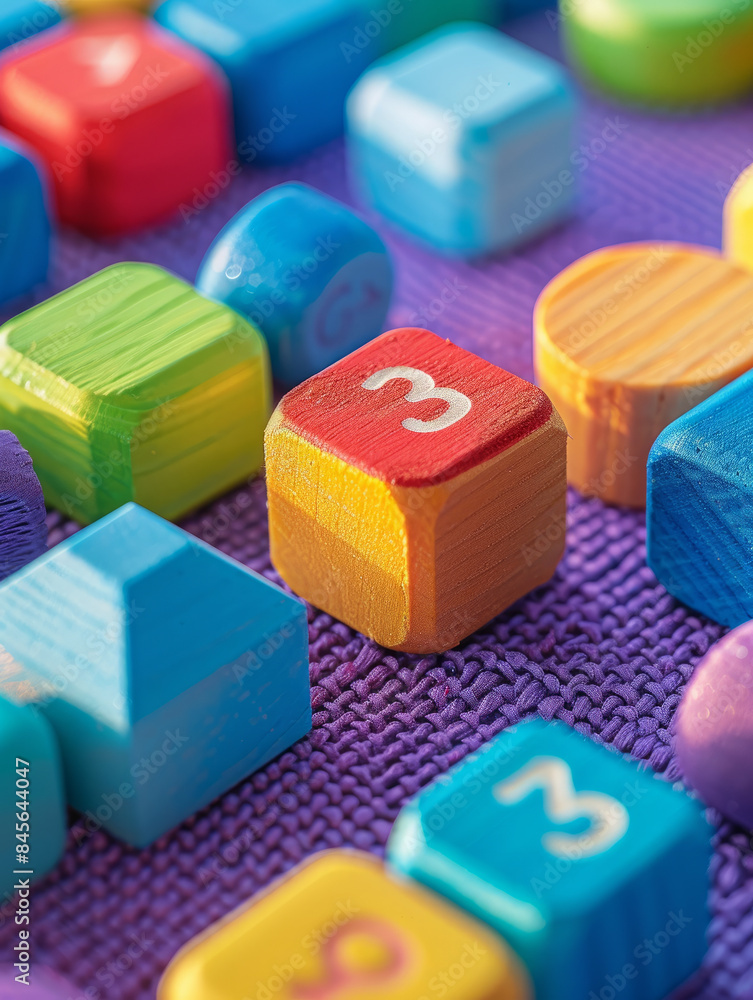 Colorful wooden number blocks on a purple mat. Colorful wooden number blocks on a purple mat.