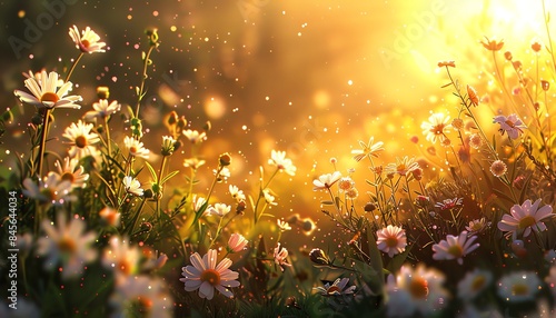 Lush meadow at sunrise, dewcovered flowers, warm light filtering through, peaceful and enchanting illustration photo