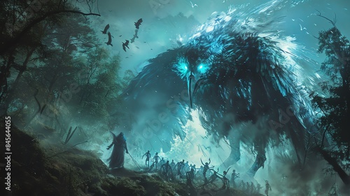 Massive demon bird with jagged feathers, glowing in eerie blue, commanding an army of skeletal minions, dark forest background
