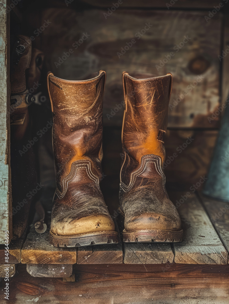 Worn leather boots on a wooden floor, rustic setting Worn leather boots on a wooden floor, rustic setting