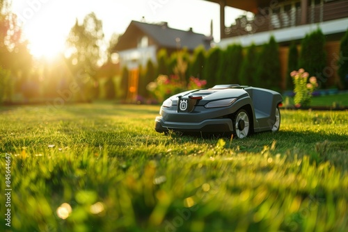 robot lawnmower stands on the lawn against the background of the house