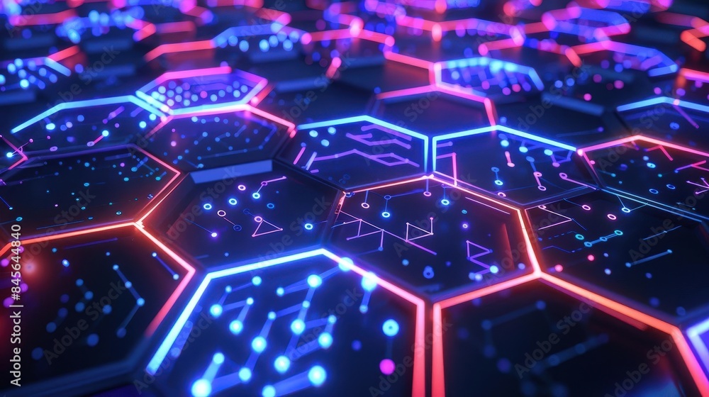 Graphic of Abstract representation of AIdriven data visualization, using neon colors and hitech hexagon patterns Graphic of Abstract representation of AIdriven data visualization, using neon colors and hitech hexagon patterns
