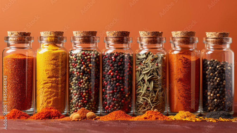 Jars filled with assorted spices on a wooden surface Jars filled with assorted spices on a wooden surface