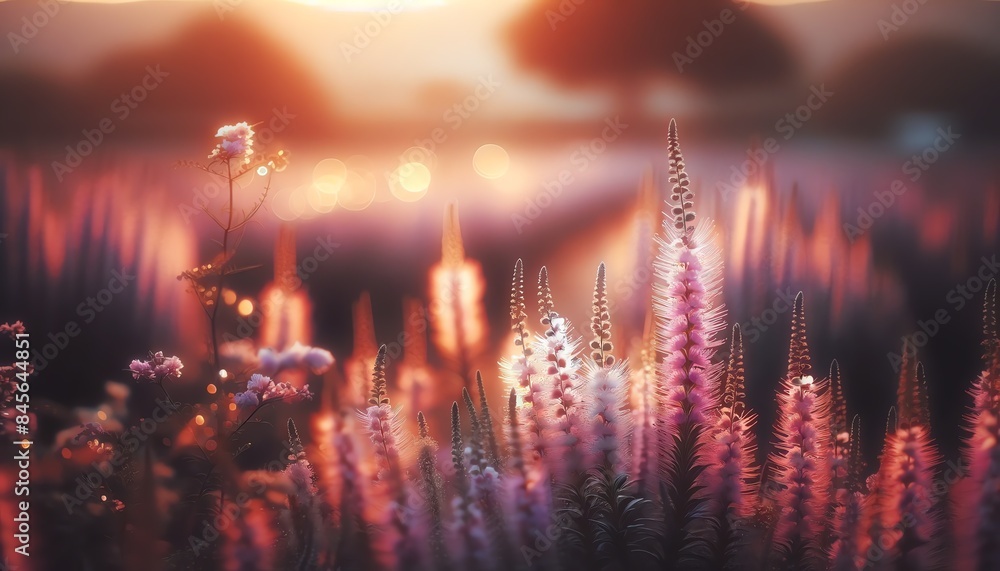 An image of a Gayfeather flowers field bathed in soft color light