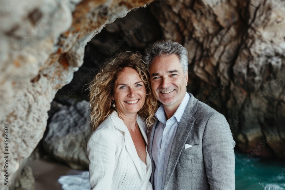 Portrait of a grinning caucasian couple in their 40s dressed in a stylish blazer while standing against spectacular sea cave background Portrait of a grinning caucasian couple in their 40s dressed in a stylish blazer while standing against spectacular sea cave background
