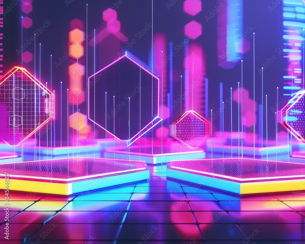 Graphic of Abstract art of a datadriven investment meeting, using neon colors and glowing hexagons to illustrate technological advancements Graphic of Abstract art of a datadriven investment meeting, using neon colors and glowing hexagons to illustrate technological advancements
