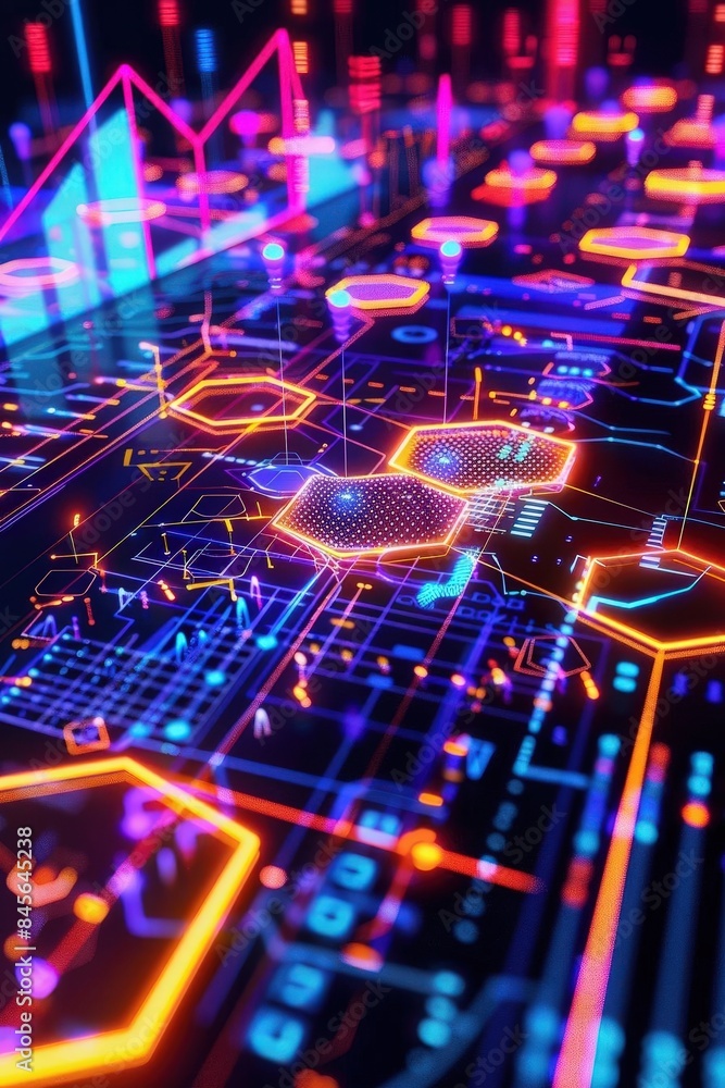Fototapeta premium Graphic of Abstract art of a datadriven business meeting, using neon colors and glowing hexagons to illustrate technological advancements