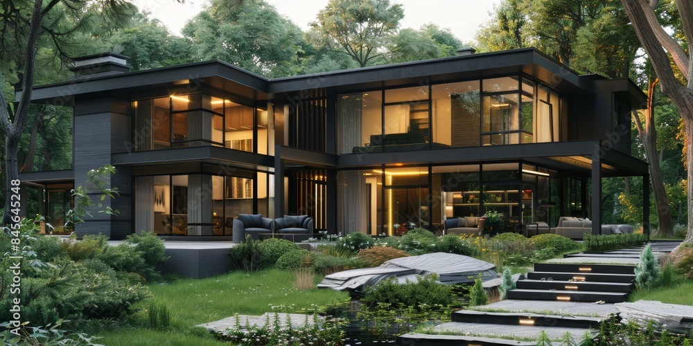 Fototapeta premium Home, property, and isolated real estate for retirement, investing, and family. Modern and architectural homes, treed buildings, mortgages, and holiday development.