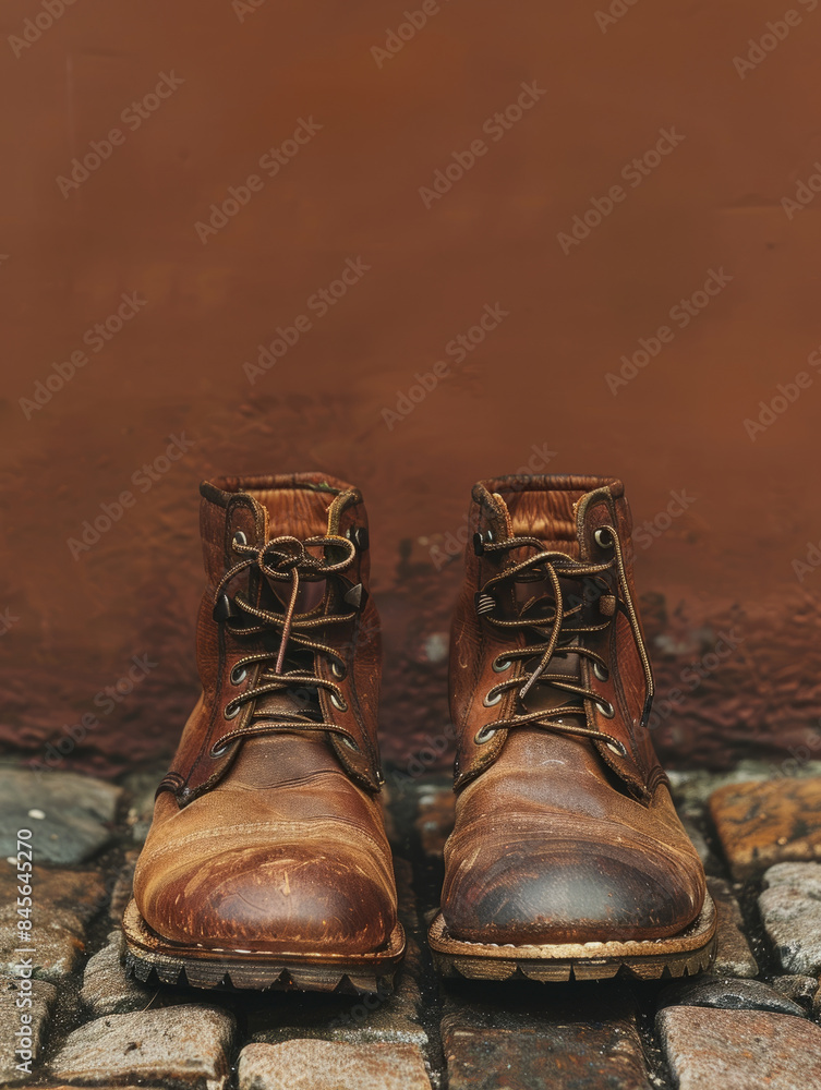 A pair of worn brown leather boots on cobblestone pavement. A pair of worn brown leather boots on cobblestone pavement.