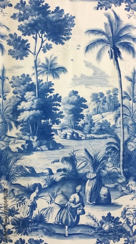 Blue and white traditional toil de jouy fabric, ideal for backgrounds and textures