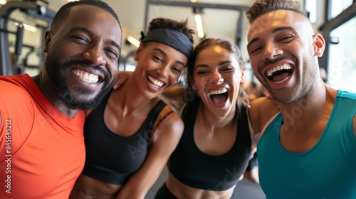 A gym selfie showing a diverse bunch of enthusiastic athletes. Encouraged sportsmen ready to train. Positive pals taking social media photos © LukaszDesign