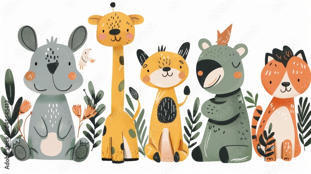 Naklejka premium Playful and cute whimsical animals, hand-drawn by flat colors, six distinct animals, isolated on white, no collisions, full frame