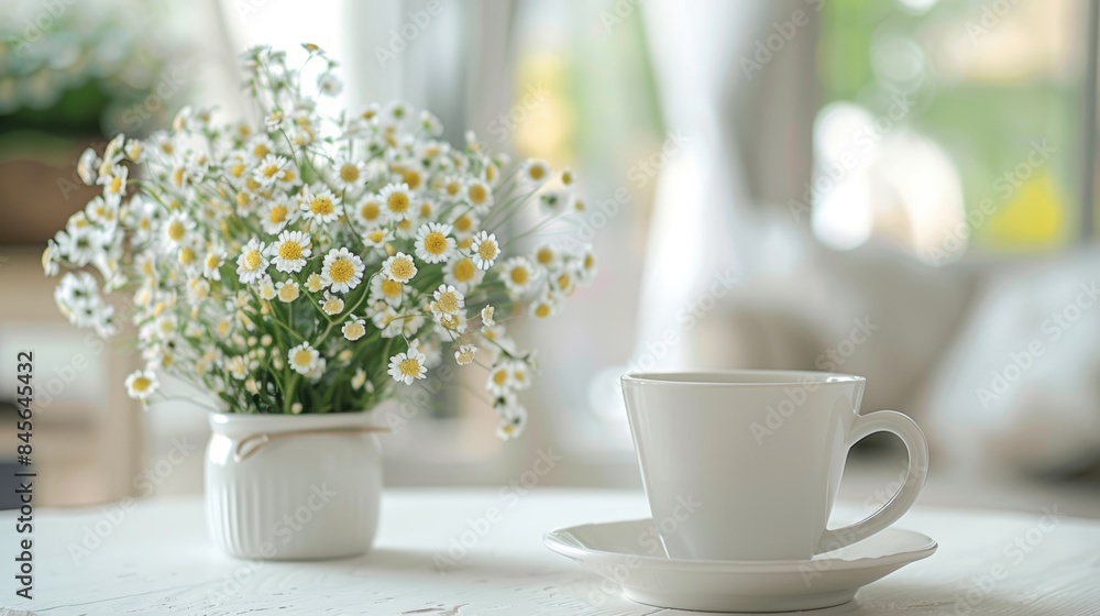 Daisies in a Cup and a Coffee Mug on Table Daisies in a Cup and a Coffee Mug on Table