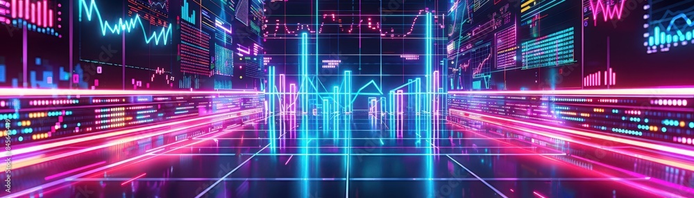 Graphic of Illustration of futuristic market forecasting, showcasing neon graphs and charts on a hitech abstract background Graphic of Illustration of futuristic market forecasting, showcasing neon graphs and charts on a hitech abstract background