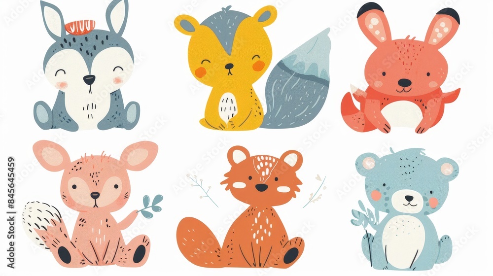 Six whimsical animals, hand-drawn in flat colors, cute and playful poses, white background, no edges or overlap, full frame Six whimsical animals, hand-drawn in flat colors, cute and playful poses, white background, no edges or overlap, full frame