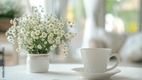 Daisies in a Cup and a Coffee Mug on Table © Rafiqul