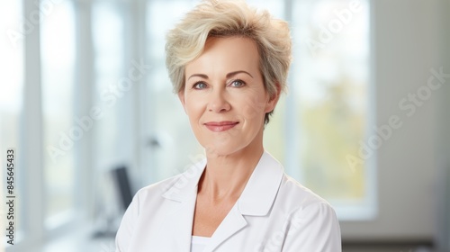 Confident adult Caucasian businesswoman isolated in a workplace with crossed arms. One woman with grey hair smiles and laughs thoughtfully. Dedicated leader and entrepreneur
