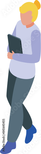 Isometric illustration of a young blond woman in casual clothes  walking and holding a tablet