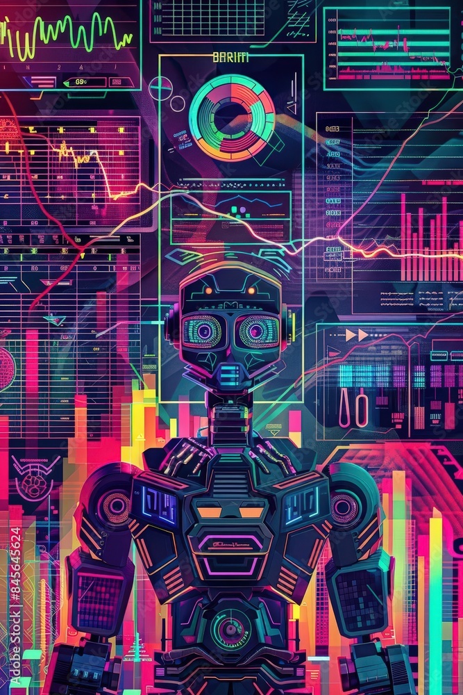 Graphic of Illustration of a robot visualizing financial data, set against a backdrop of neon colors and hitech abstract patterns Graphic of Illustration of a robot visualizing financial data, set against a backdrop of neon colors and hitech abstract patterns