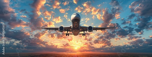 Flying airplane at sunrise,...