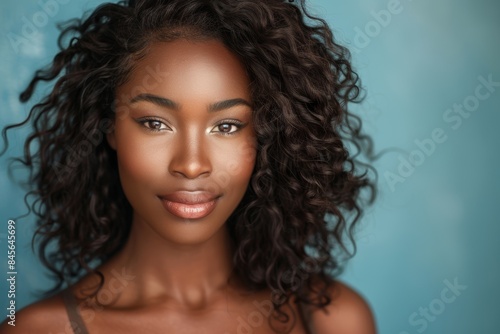 In studio or salon, shine, curly hair, or woman portrait for keratin growth, health, or attractiveness. Images of confident model with natural hairdo or wellness on blue backdrop.