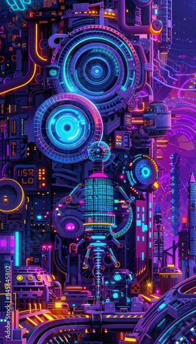 Graphic of Illustration of a robot visualizing financial data, set against a backdrop of neon colors and hitech abstract patterns