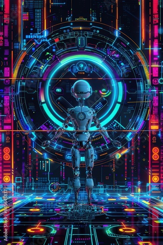 Graphic of art of an AI managing a digital timeline, set against a backdrop of neon colors and abstract hitech patterns