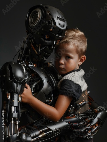 Robotic android holding a b...