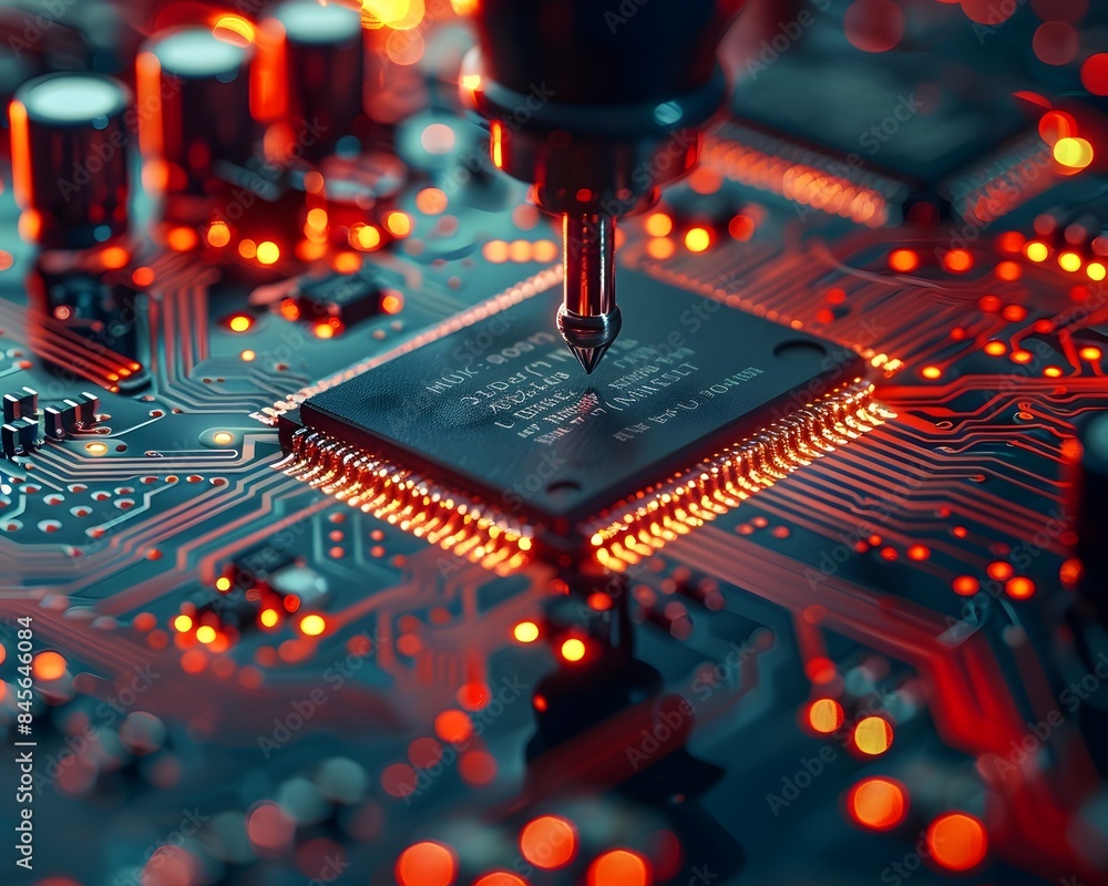 Close up View of Intricate Microchip Installation on Circuit Board Highlighting Advanced Technology Close up View of Intricate Microchip Installation on Circuit Board Highlighting Advanced Technology